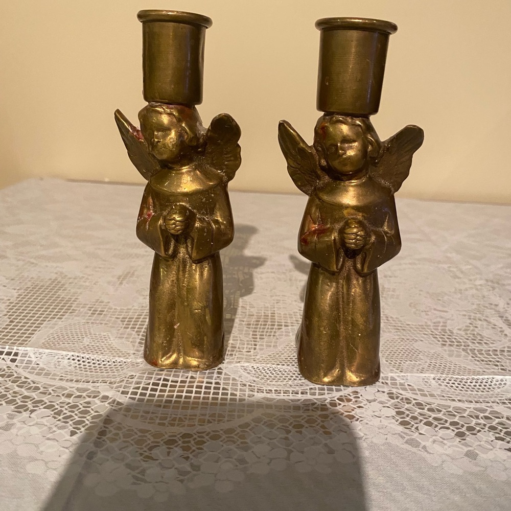 Vintage Brass Angel Candle Holders (Pair) 5.5”